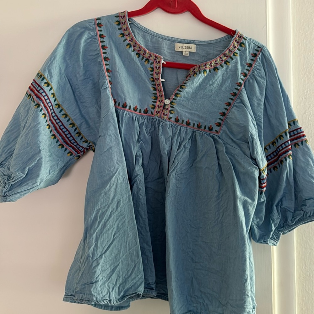 Chambray Embroidered Top